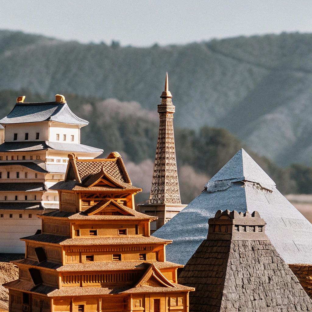 AI generated image by Red Panda AI: Hay castillos japoneses, castillos europeos y pirámides en la superficie de la tierra.