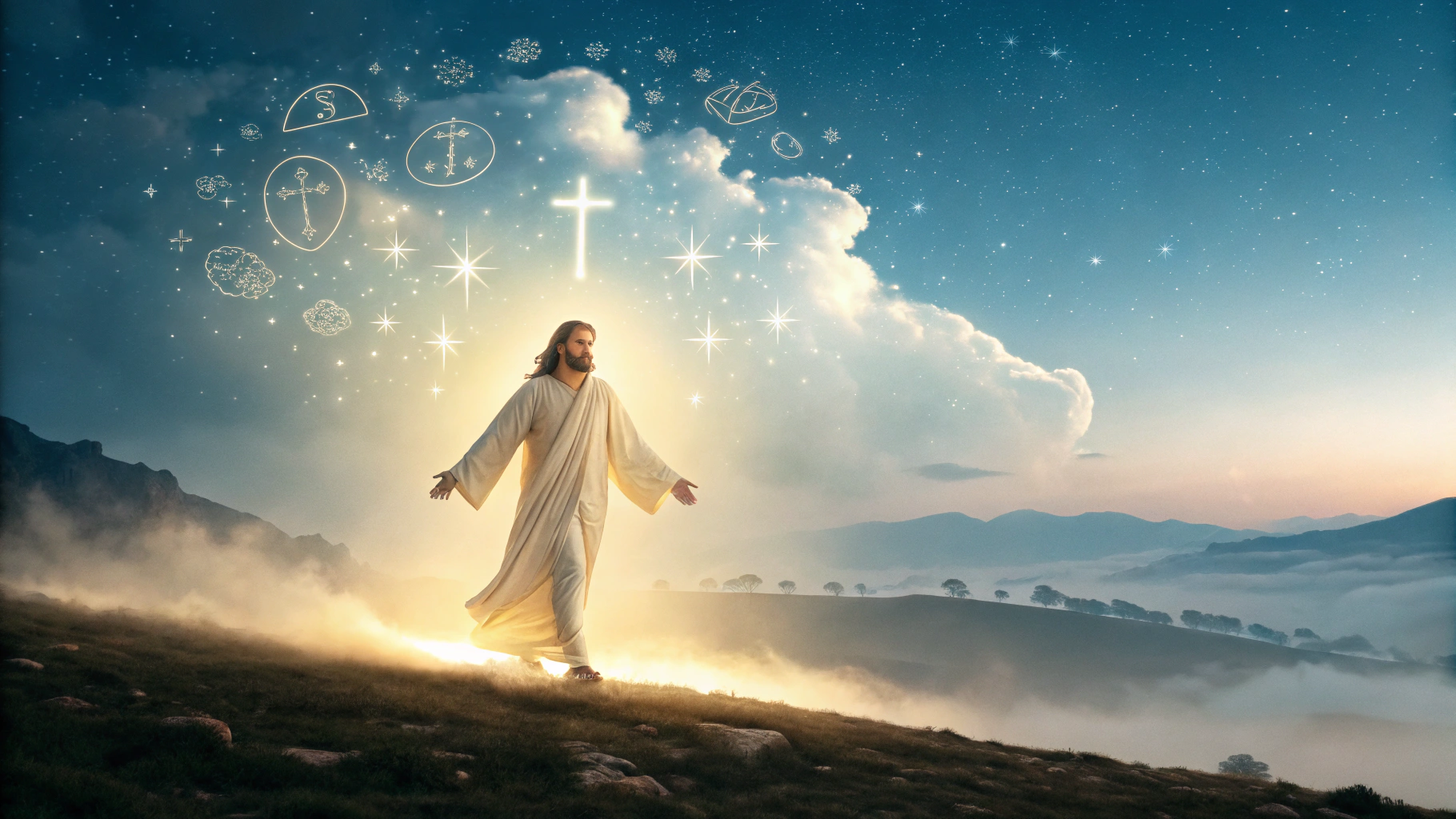 AI generated image by Red Panda AI: Imágenes de Jesús flotando ligeramente sobre el suelo en un paisaje místico y etéreo. Él está rodeado por una suave niebla que emite una luz suave y dorada, creando un aura celestial. El fondo muestra un cielo estrellado con nubes dispersas que parecen formar figuras abstractas, como símbolos divinos. La luz que lo rodea ilumina suavemente su rostro y cuerpo, mientras mantiene una postura serena y compasiva. Los colores predominantes son tonos suaves de azul, blanco y dorado, que evocan una sensación de paz y trascendencia. La atmósfera tiene un toque de misterio y espiritualidad, como si Jesús estuviera entre el cielo y la tierra, conectando ambos mundos."