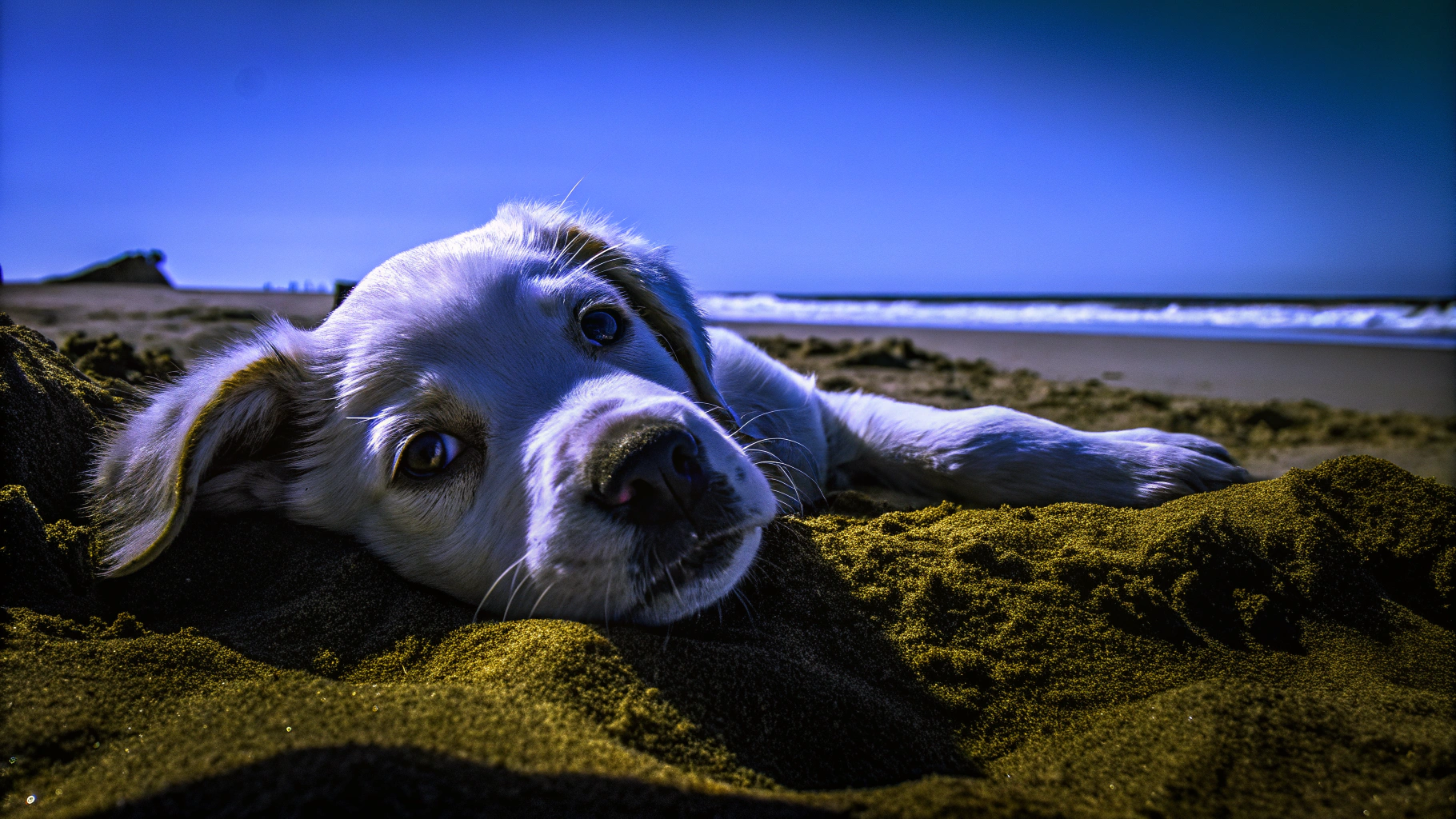 AI generated image by Red Panda AI: Shitsu cariñoso de color blanco en una playa soleada