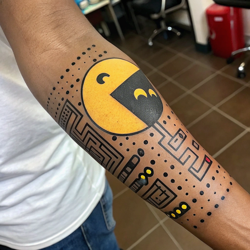 AI generated image by Red Panda AI: Tatuaje de pacman negro en brazo estilo rapero
