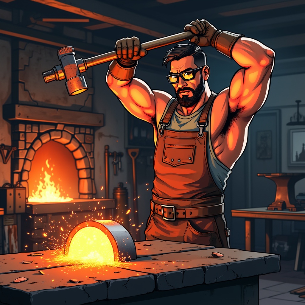 AI generated image by FLUX.1-pro:
Illustrate a scene of a blacksmith forging a metal flange in a traditional steel forge. The man is muscular and focused, wearing a leather apron, gloves, and safety goggles. His arms are raised as he hammers down onto the heated metal flange, which glows a bright orange-red from the heat. Sparks fly from the impact, illuminating his determined expression. The forge behind him emits a warm, fiery glow, with tools, anvils, and other pieces of metalwork scattered around the workshop. The background is dimly lit, contrasting with the intense brightness of the forge fire and the glowing metal.