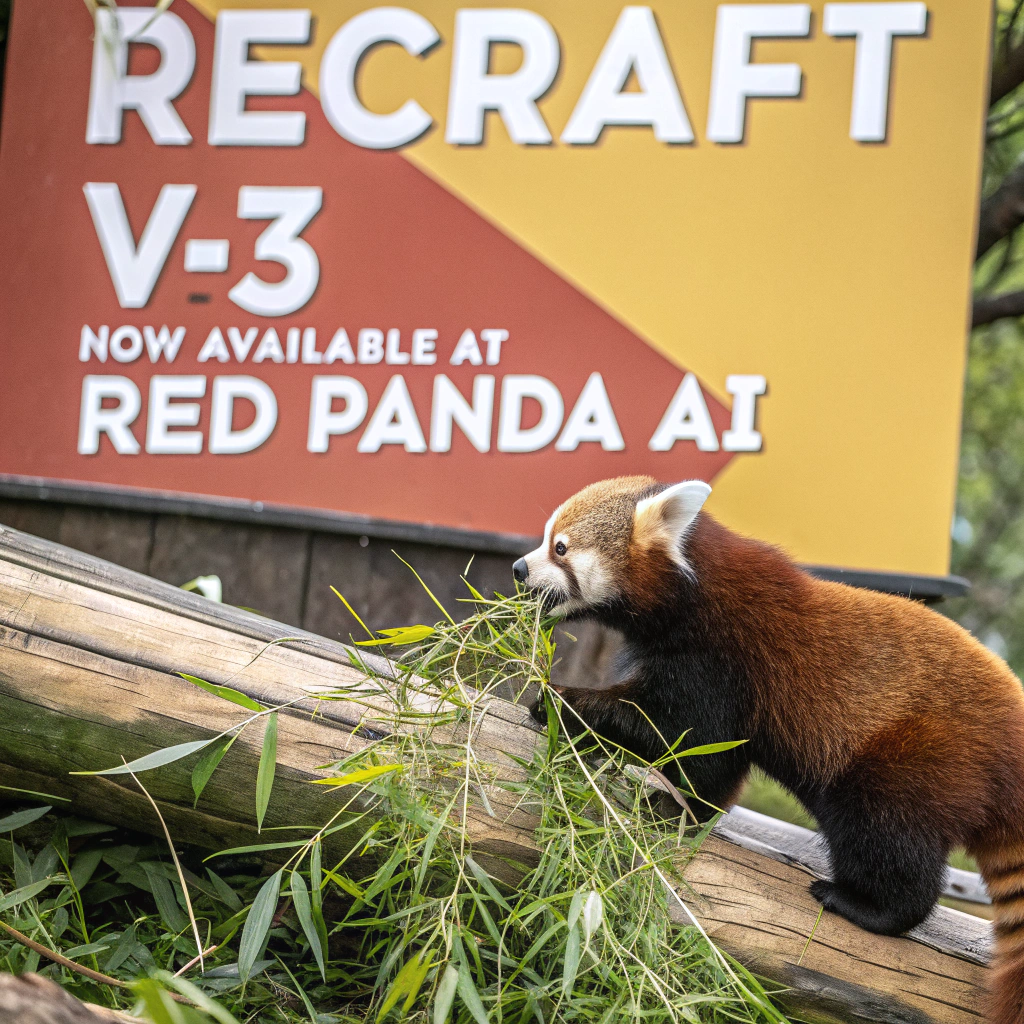 AI generated image by Red Panda AI: a red panda eating a bamboo in front of a poster that says "recraft V3 now available at red panda ai