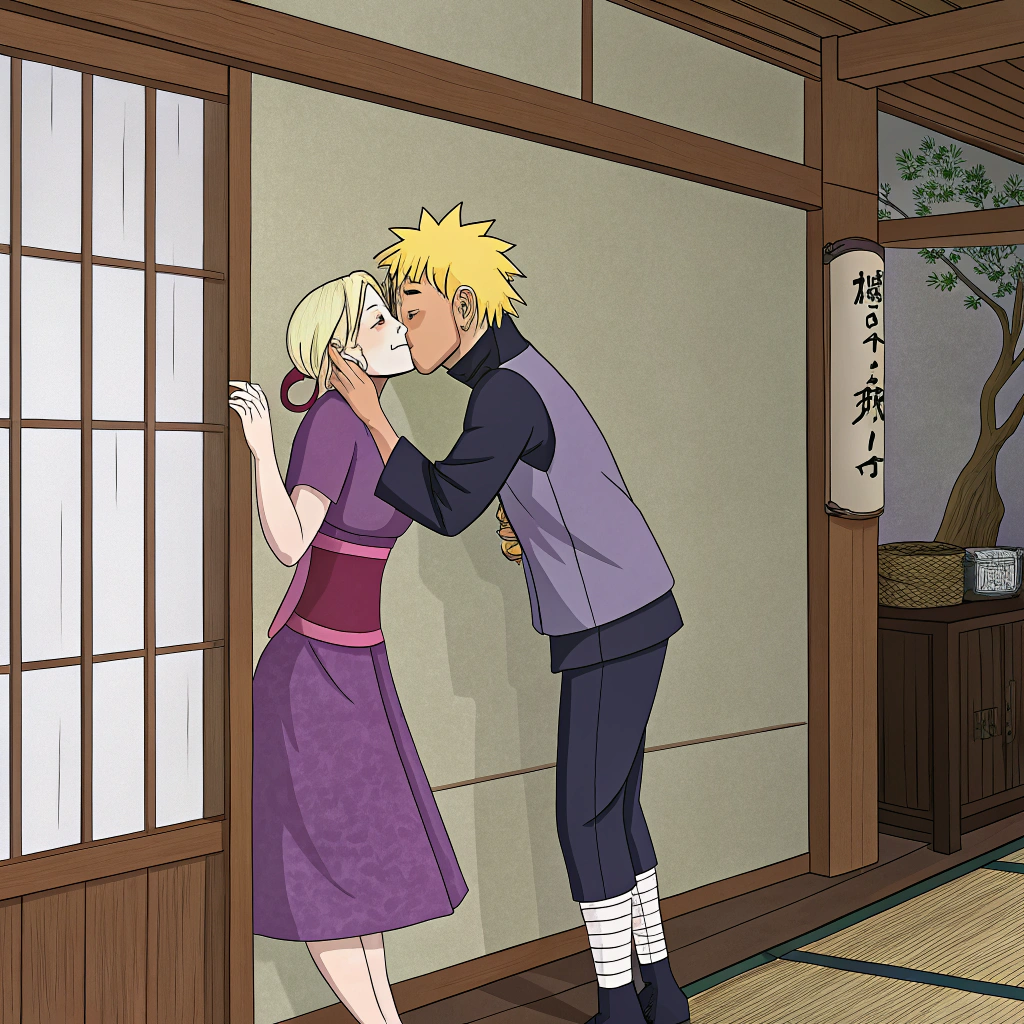 AI generated image by Red Panda AI: Ino yamamka wearing a purple dress kissing naruto against a wall while hinata is cooking in the next room