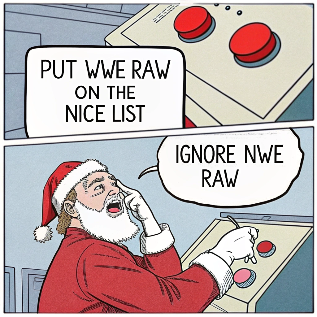 AI generated image by Red Panda AI: A 'Two Buttons' meme template. The first panel shows two buttons labeled: 'Put WWE Raw on the Nice List' and 'Ignore WWE Raw'. The second panel features a sweating Santa Claus, dressed in his traditional red outfit, looking distressed and confused as he struggles to decide which button to press.