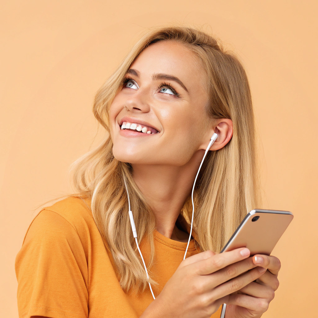 AI generated image by Red Panda AI: mujer joven, rubia, con una sonrisa, atendiendo un telefono con auriculares, fondo con color naranja