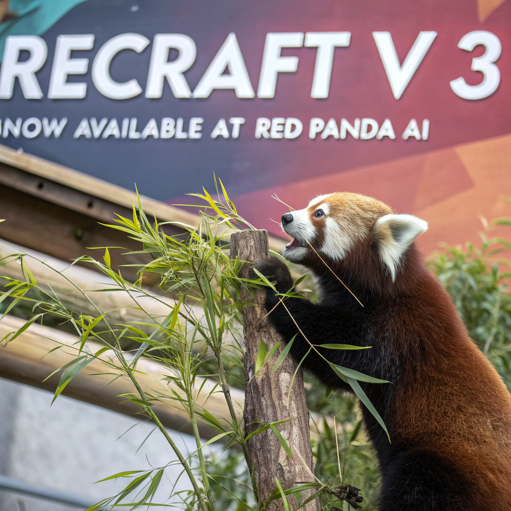 AI generated image by Red Panda AI: a red panda eating a bamboo in front of a poster that says "recraft V3 now available at red panda ai