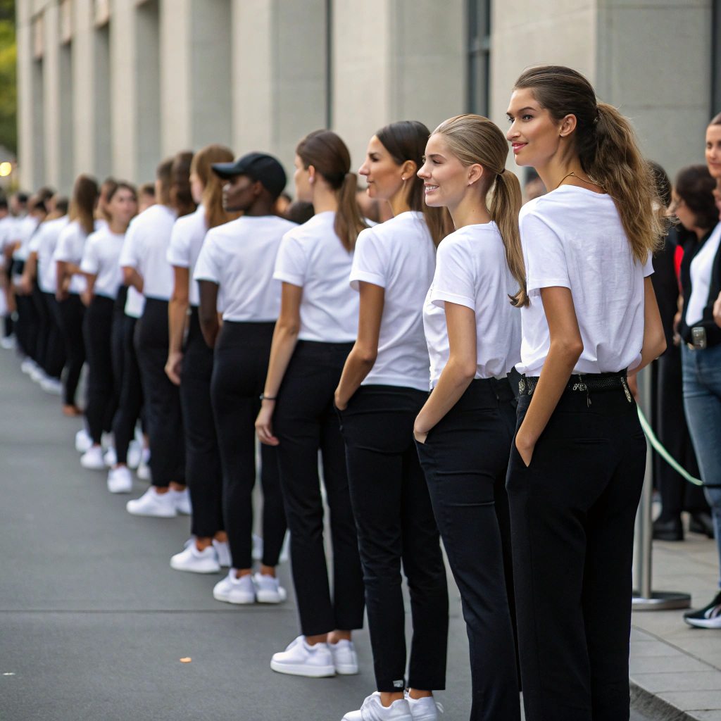 AI generated image by Red Panda AI: genra un grupo de mujeres y hombres que esten vestidos con pantalo negro y playera blanca que esten formados esperando su turno