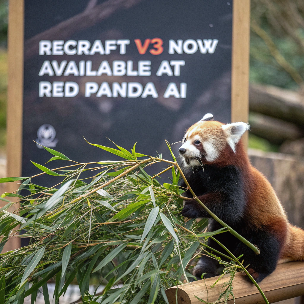 AI generated image by Red Panda AI: a red panda eating a bamboo in front of a poster that says "recraft V3 now available at red panda ai