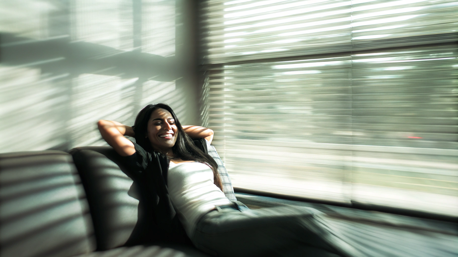AI generated image by Red Panda AI: a beutiful latin 30s woman appears joyful confident and self assured exuding pride, relax in his sofa inside his house, kodak film portra 160 , solar, motion blur, photoshoot close angle, big smile,