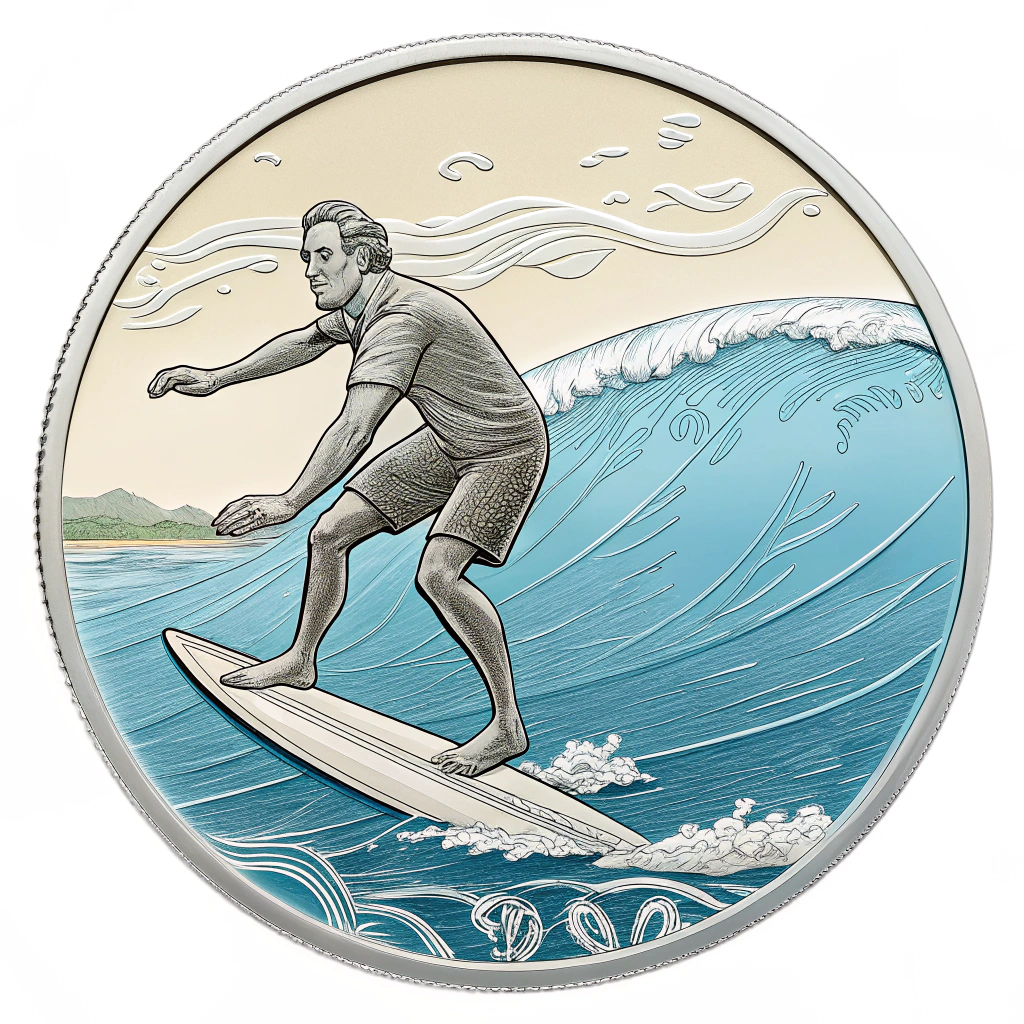 AI generated image by Red Panda AI: moneda con un hombre haciendo surf