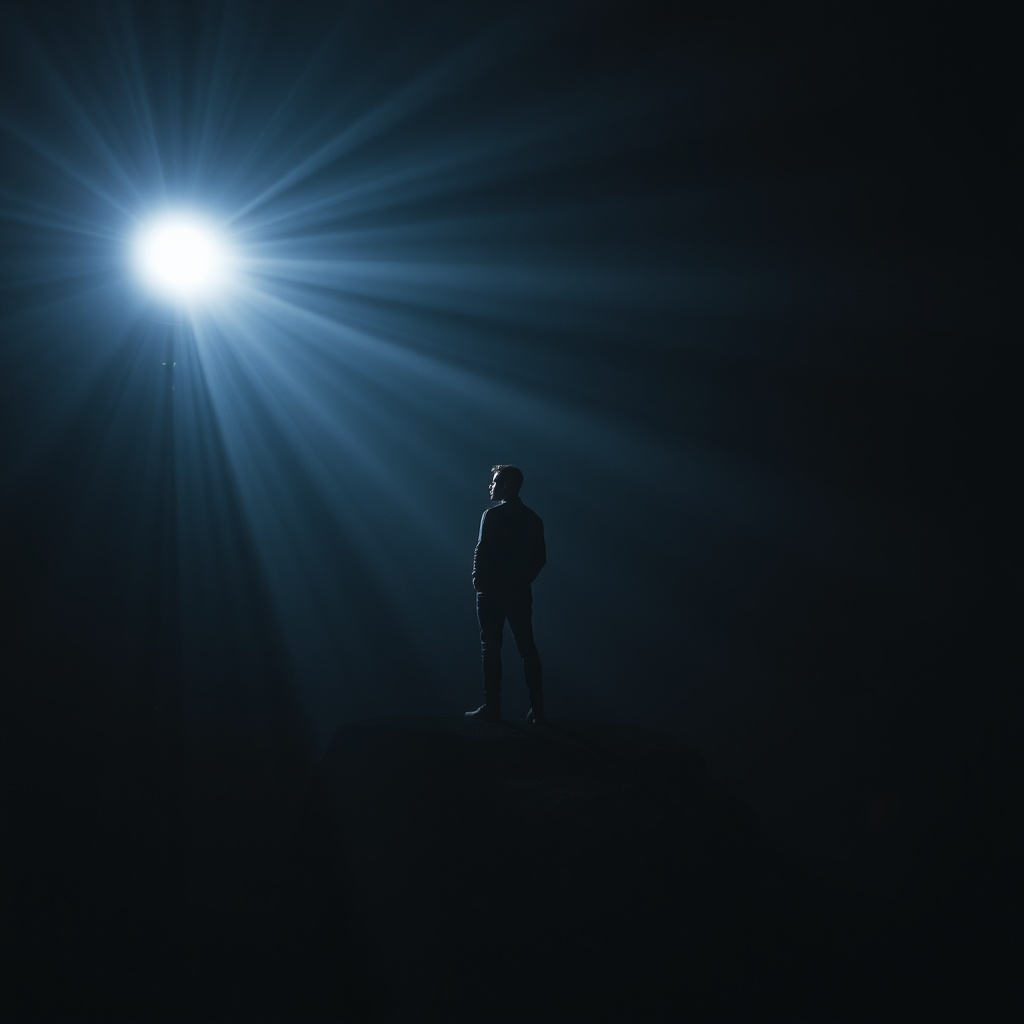 AI generated image by FLUX.1-schnell: A Man is going to the light from the dark