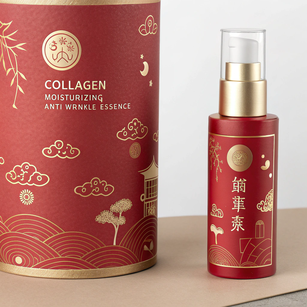 AI generated image by Red Panda AI: 一款次抛胶原蛋白保湿抗皱精华的内外包装,要求传达高级感并以红色和金色为主色调。外包装选用高品质硬纸板或环保纸质材料,表面磨砂处理或覆亚光膜,并使用烫金工艺装饰边缘及重要元素;融入简约化的传统中国元素如云纹、回纹等,并加入品牌标志性图案或符号通过细腻雕刻或压印呈现。产品名称及主要功效用大字体金色印刷,其他信息则小字体排列。内包装延续红金主题,选择透明玻璃瓶配金色盖子或有金属光泽的塑料瓶身,确保内容物清晰可见且高端形象突出。对于次抛包装,采用安全无毒、对皮肤友好的软质塑料材质,带防紫外线功能的深色玻璃瓶保护活性成分,封口密封良好,保证卫生与新鲜度。设计时考虑用户友好性,确保每个单位易于分离且不会误开,同时在不影响使用的前提下添加低调精美的装饰细节。