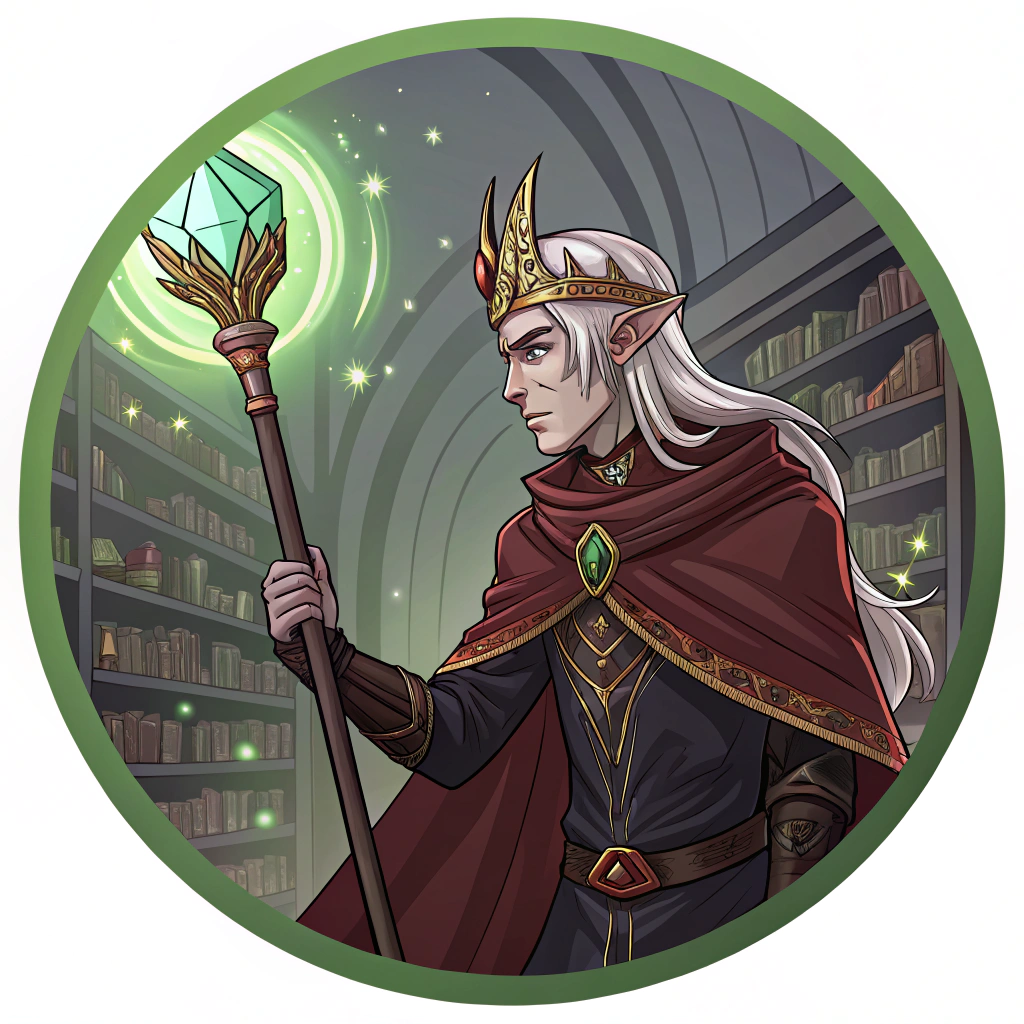 AI generated image by Red Panda AI: (start creation by layers), (first layer circular RPG token), (second layer inside), (character coming out), (depth effect), (upper body). Setting: (fantasy library). Appearance: (male dark elf mage, pale skin, two symbiont insectoid carapaces (red scarlet replacing eyes, red scarlet spider-like replacing top of head), silver tiara with green gem, hermit robes, staff), (casting spell) Background: (circular library, floating books), Situation: (casting spell, green staff glowing, grimoire floating). (mixed styles: anime/RPG/cards), (HD), (epic), (detailed), (no realistic), (no monochrome).