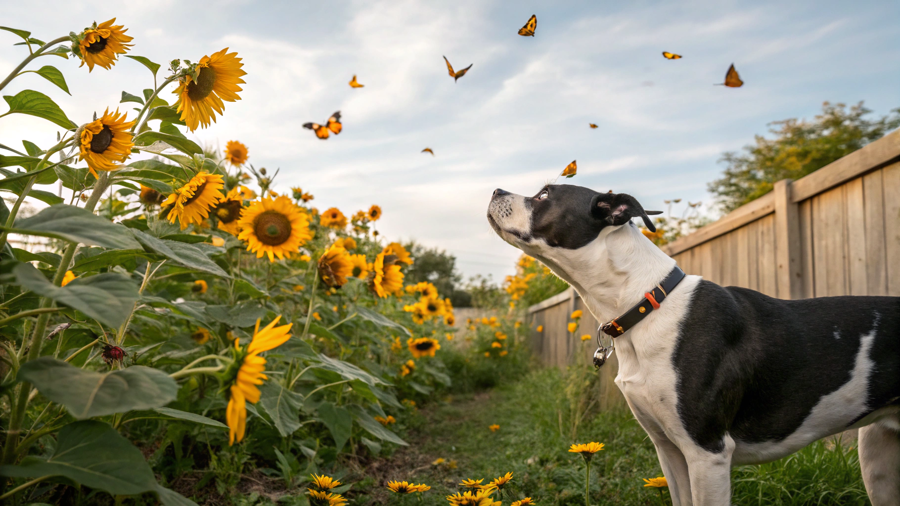 AI generated image by Red Panda AI: A panoramic full body beautiful image of a gorgeous black and white pitbull dog being curious in a sunflower garden observing the colorful swarm of butterflies that is landing on the sunflowers in the backyard garden.