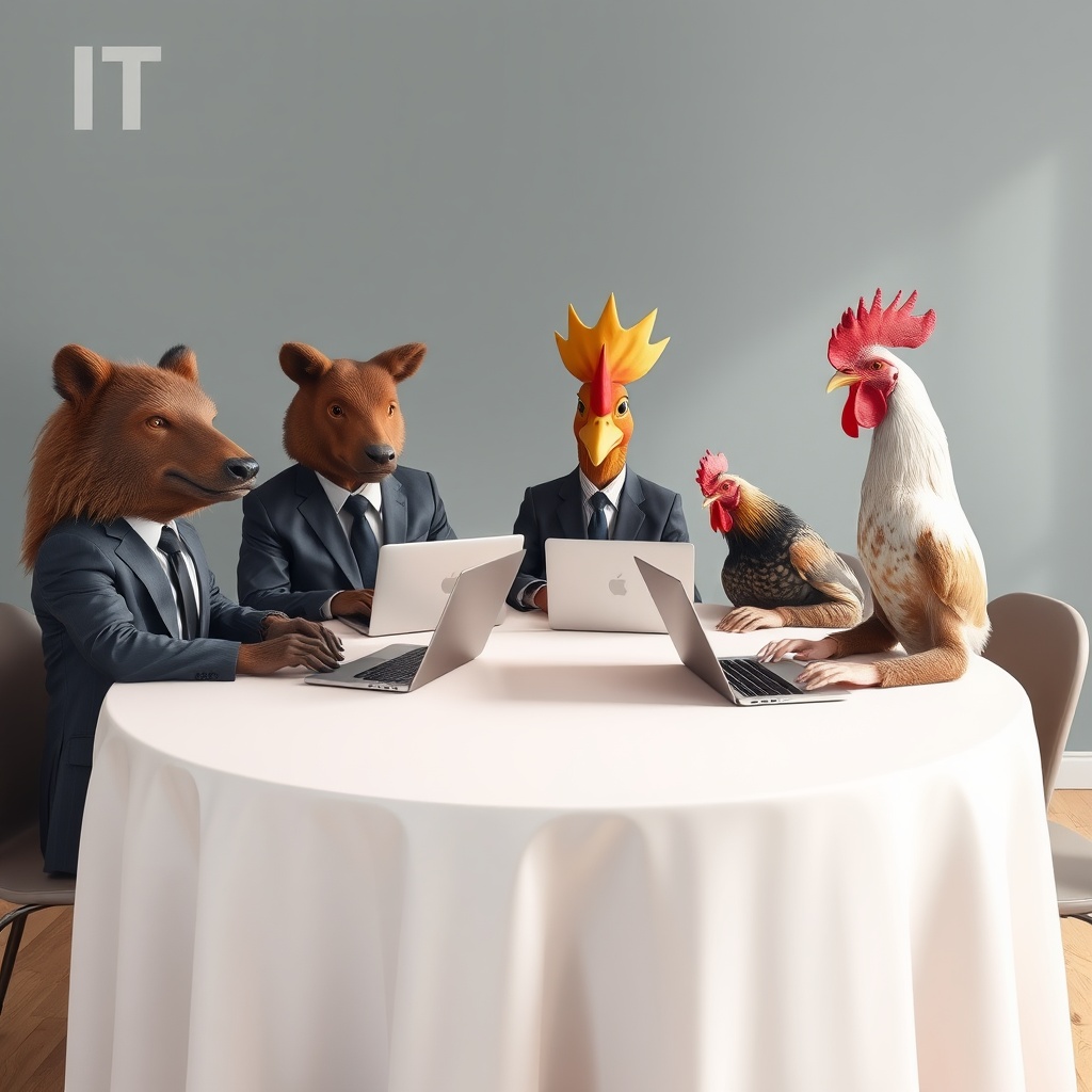 AI generated image by FLUX.1-schnell: el texto "IT" en la parte superior, luego se logra ver una mesa redonda donde se observan en reunión un oso pardo, un camaleón, un puercoespín y un pollo, todos con laptops en la mesa, todos están vestidos con traje formal y corbata