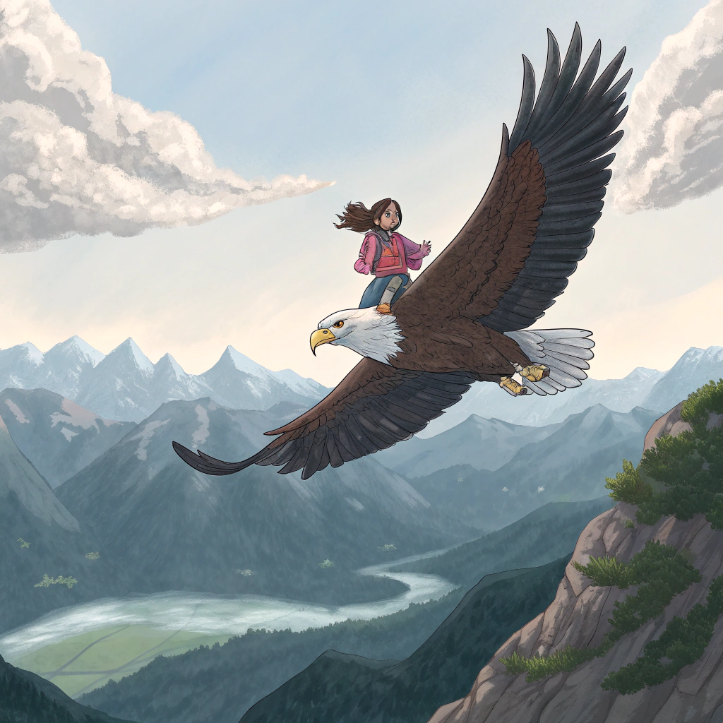 AI generated image by Red Panda AI: águila decidió llevarla en su lomo a través del cielo. Ariana, que nunca había sentido el mundo desde lo alto, sintió una mezcla de emoción y libertad mientras se elevaban por encima de las montañas y los valles.