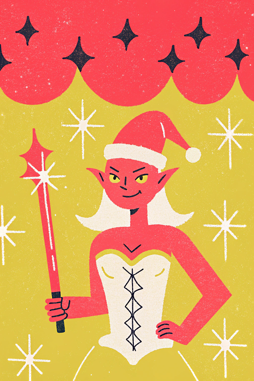 AI generated image by Red Panda AI: A night elf poses confidently and defiantly in a winter setting, her slender figure and pale skin standing out against the snow. His evil expression and mischievous smile create a sense of mystery and intrigue. She wears a red and white Santa hat and a white corset dress, adding a touch of whimsy and romance. Dramatic lighting and winter environment create a contrast that highlights its beauty and dark personality, Gothic art style with touches of Christmas fantasy, white, blue, red and black color palette, mysterious and gloomy atmosphere