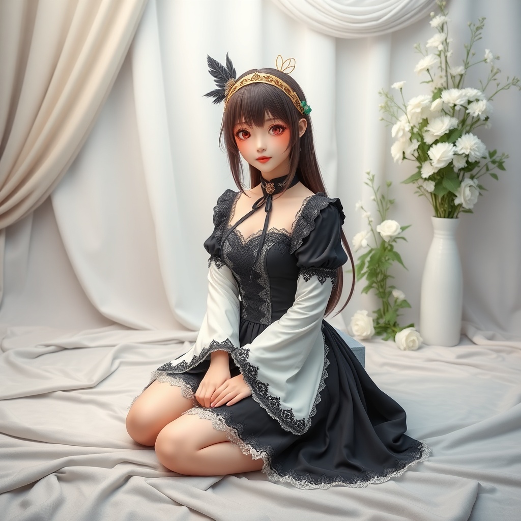 AI generated image by FLUX.1-schnell: Young woman (ethnicity:1.0, age:1.1), in cosplay costume, (detailed clothing:1.2), (accessories:1.2), (facial features:1.2), (expression:1.1), seated pose, (body type:1.1), (pose:1.2), facing viewer, center of frame, wearing black and white outfit with lace details, gold-toned headband with feather-like adornments, detailed makeup with red eyes, sitting on light gray fabric draped on the ground, light gray, white, and off-white studio backdrop, white fabric draping, white flowers and greenery arranged in the background, soft lighting, photorealistic, high detail, digital art, anime style, (detailed hair:1.2)