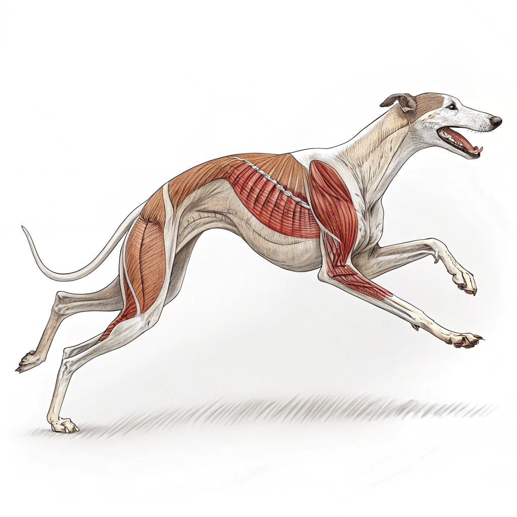 AI generated image by Red Panda AI: En un perro galgo corriendo, los músculos del muslo generan torque en la articulación de la cadera. Cuanto mayor la longitud del miembro (radio) y mayor la fuerza muscular, mayor será el torque que permite la aceleración del animal.