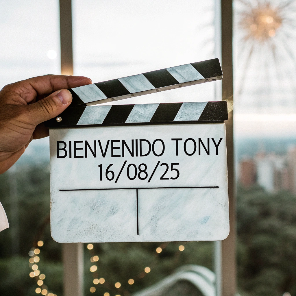 AI generated image by Red Panda AI: Una claqueta cinematográfica que en su interior diga: "Bienvenido Tony 16/08/25". Atrás de la claqueta se observa una ciudad desenfocada y fuegos artificiales