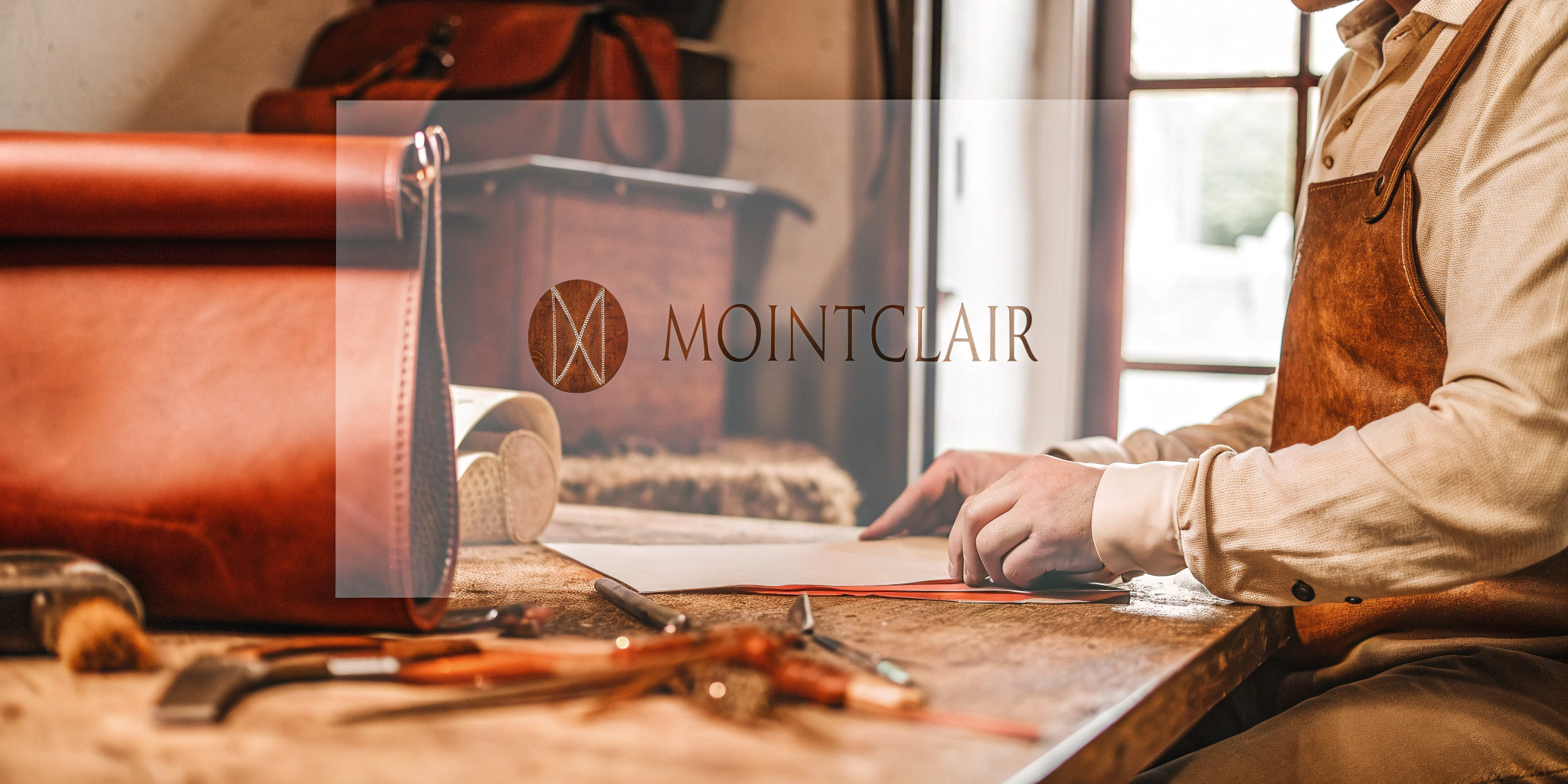 AI generated image by Red Panda AI: An Italian artisan in a traditional leather workshop, surrounded by tools and fine leather materials. The artisan is seated at a workbench, meticulously crafting a luxury handbag, exuding precision and expertise. The setting features a warm, vintage ambiance with natural light streaming through a window, highlighting the craftsmanship. Behind the artisan, a sleek and elegant "MointClair" logo is prominently displayed on the wall, adding a modern touch to the rustic environment.