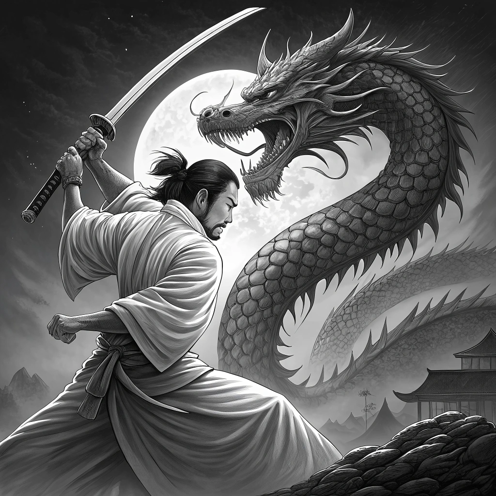 AI generated image by Red Panda AI: a japaneese style tattoo like illustration of a samurai wearing a white gi fighting a dragon, black and white.