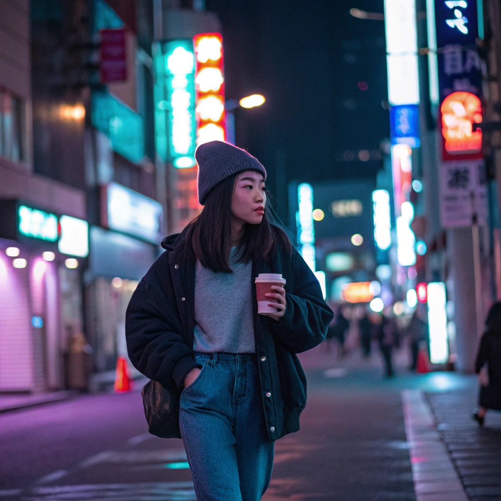 AI generated image by Red Panda AI: Japanese girl, holding a coffee while she is walking in Shibuya during the night.