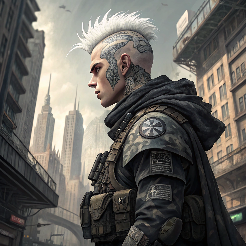 AI generated image by Red Panda AI: A 21-year-old soldier with a white mohawk and elaborate esoteric tattoos covering the the sides of his head but not his face, wearing black and grey urban camouflage fatigues with matching flak armor covering his chest and shoulder. He is also wearing an active camouflage cloak. Set in a hive city with enormous brutalist buildings with a gothic motif connected by countless walkways, lifts and bridges.