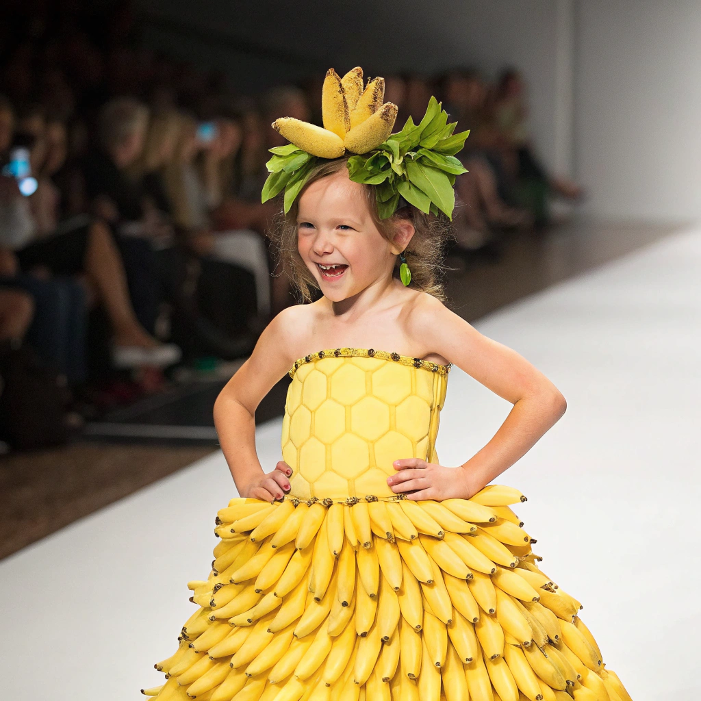 AI generated image by Red Panda AI: A realistic joyful 3-year-old child stands on a fashion show runway, smiling brightly while wearing an outfit made entirely from small realistic fresh banana slices. The vibrant, strapless gown features a snug bodice of closely layered small banana slices, transitioning into a voluminous, layered skirt decorated with large, creating a realistic, eye-catching effect. The child’s look is completed by a playful headdress resembling a crown made from whole bananas and slices with small green leaves, framing the child’s face. The runway stage is well-lit, with a softly blurred audience in the background, drawing focus to the child’s unique outfit