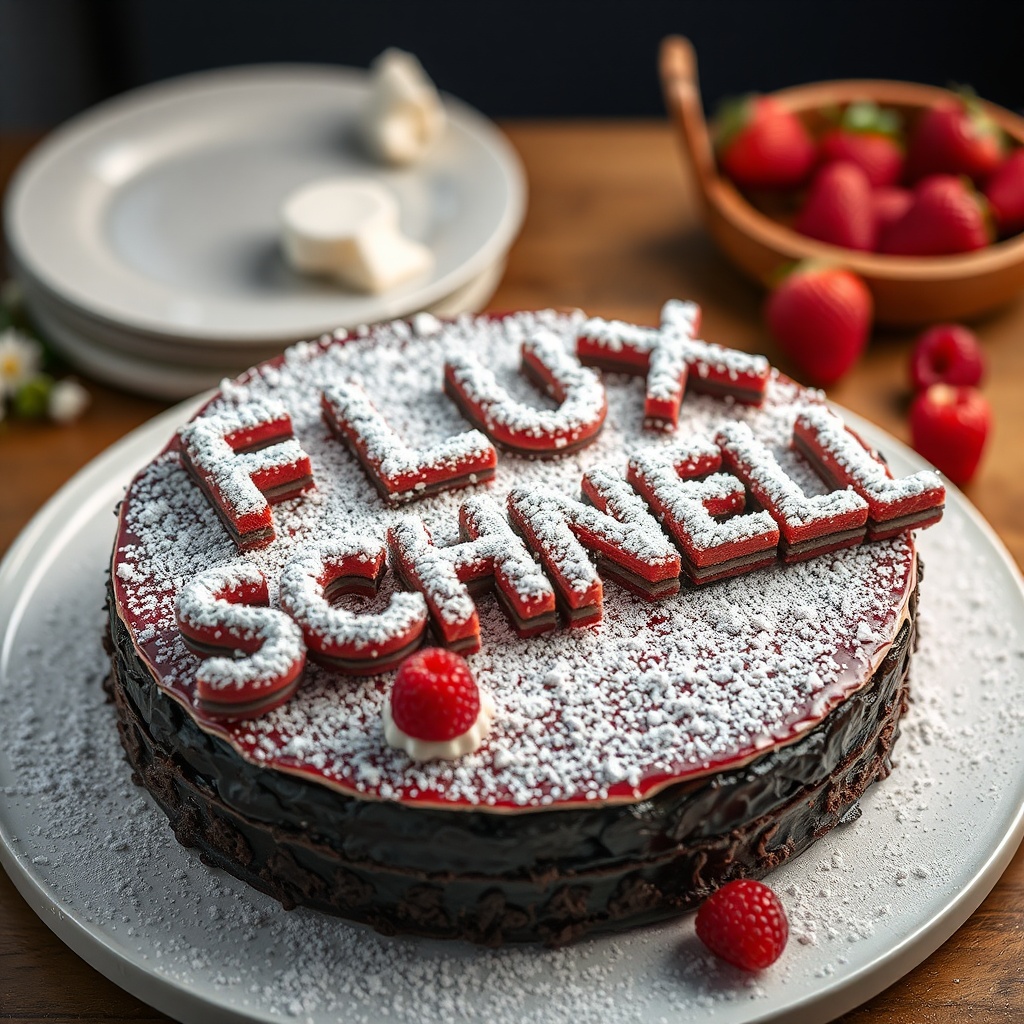 AI generated image by FLUX.1-schnell: black forest gateau cake spelling out the words "FLUX SCHNELL", tasty, food photography, dynamic shot