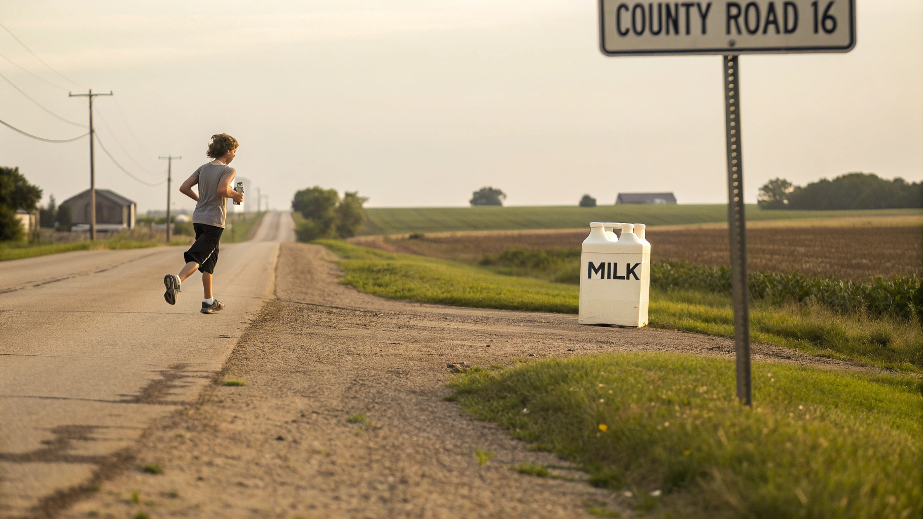 AI generated image by Red Panda AI: a teenager running down a county road in Nebraska drinking a gallon of milk. The milk carton says "Milk". A sign says "County Road 16", polaroid style photo