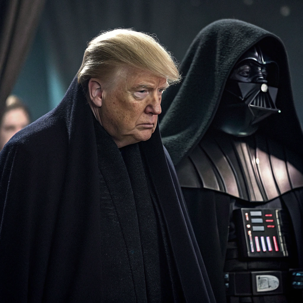 AI generated image by Red Panda AI: Donald Trump wearing emperor palpatine's clothes revealing Elon musk in a Darth Vader costume based on the scene in Star wars episode 3 after Anakin's battle on mustafar where he was transformed into Darth Vader