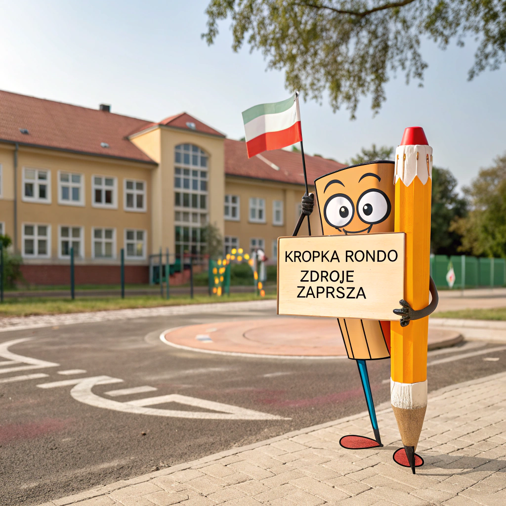 AI generated image by Red Panda AI: generate a cartoon pencil with an eraser as a character with arms and legs standing against the background of a school building in front of the school there is a playground and a roundabout a crossroads a roundabout a standing pencil in one hand holds two EU flags and a white and red Polish flag and in the other hand holds a wooden board on a stick on which is written "KROPKA RONDO ZDROJE ZAPRASZA"