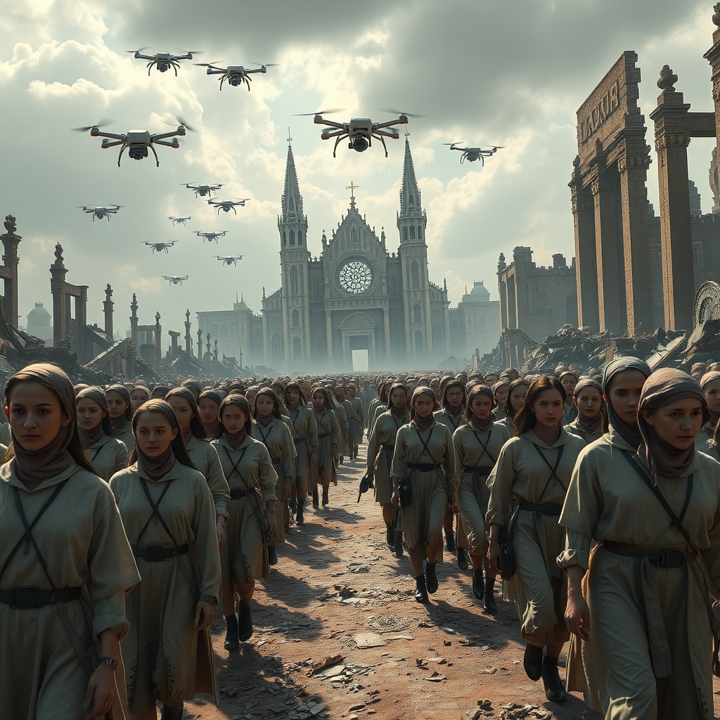 AI generated image by FLUX.1-schnell: Una visión catastrófica de la sociedad del siglo XXI atrapada en un ciclo de control y sumisión. Multitudes de personas con rostros inexpresivos, vestidas con ropa idéntica y desgastada, caminan en líneas interminables a través de las ruinas de una ciudad que alguna vez fue grandiosa. Dispositivos digitales están fusionados a sus cuerpos, con pantallas brillantes que reemplazan la conexión humana y el pensamiento propio. Drones de vigilancia con forma de ángeles mecánicos flotan en un cielo tóxico. Las catedrales derrumbadas han sido convertidas en templos corporativos gigantes. Cruces rotas, halos corruptos y estatuas caídas de santos cubren el paisaje. Carteles de neón y símbolos religiosos resplandecientes distorsionan el significado sagrado. La atmósfera es oscura, infernal y opresiva — un purgatorio digital moderno. Estilo fotorrealista, iluminación cinematográfica, muy detallado, inspirado en el Infierno de Dante, el arte post-apocalíptico y el cyberpunk.