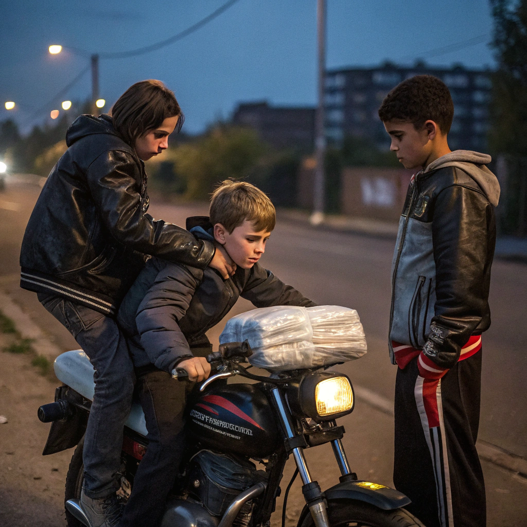 AI generated image by Red Panda AI: creame imagenes de un chico que sube a una moto de dos amigos que estaban llevando en la moto droga y lo involucran al pobre inocente