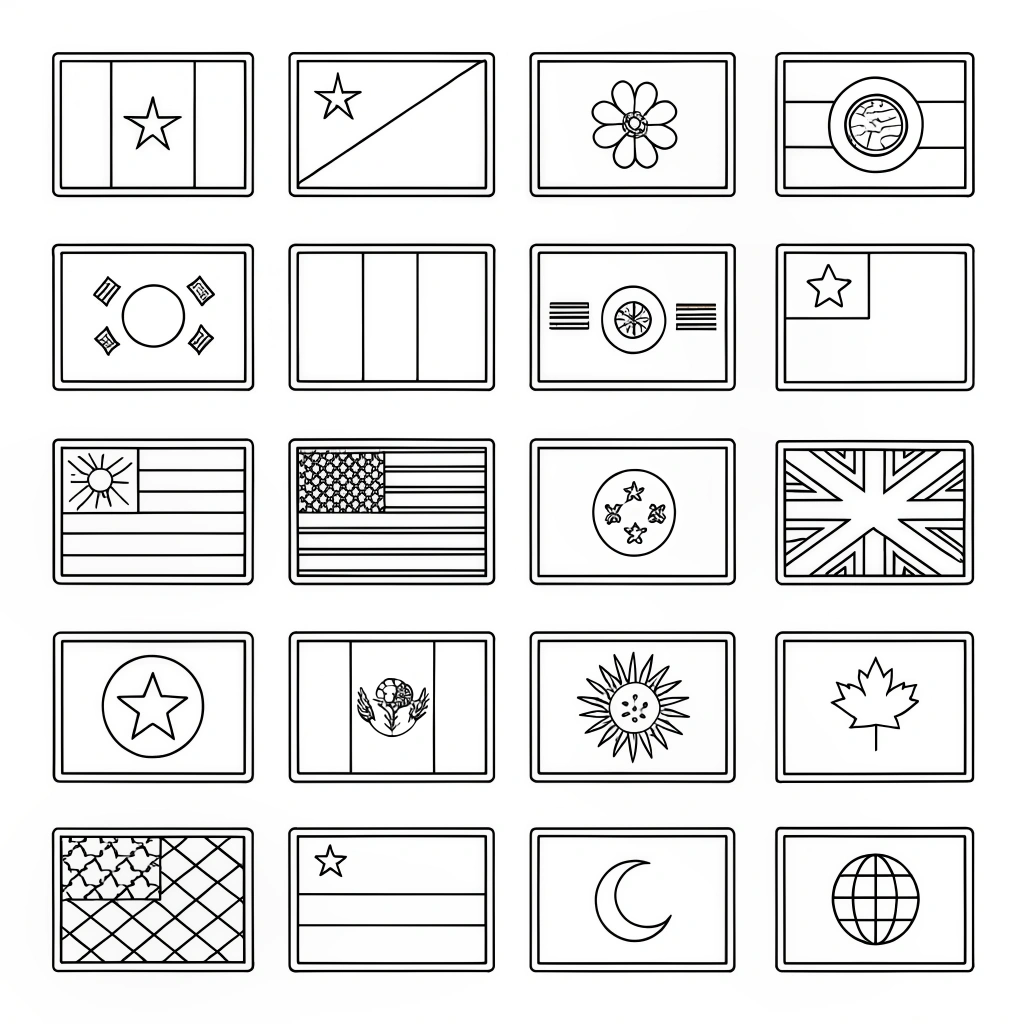 AI generated image by Red Panda AI: I would like to generate 24 country flags black and white for a coloring book project