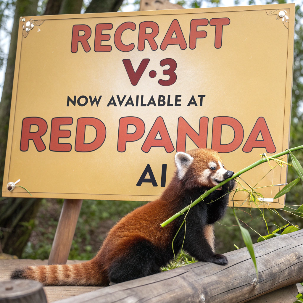 AI generated image by Red Panda AI: a red panda eating a bamboo in front of a poster that says "recraft V3 now available at red panda ai