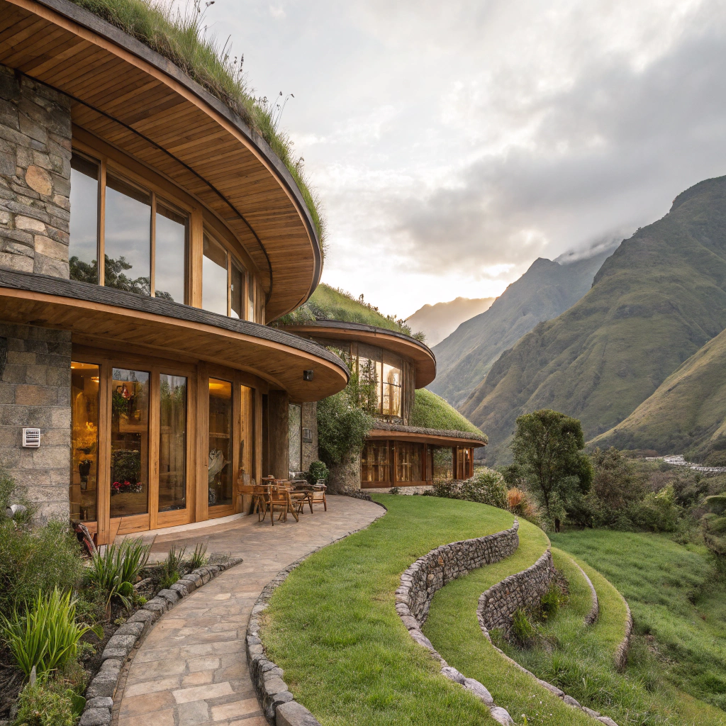 AI generated image by Red Panda AI: hotel con 10 habitaciones con arquitectura organica del perú