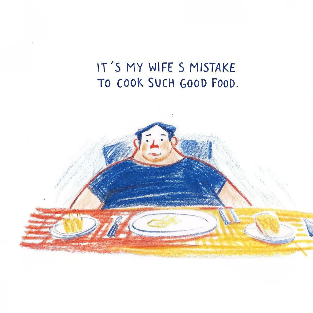 AI generated image by Red Panda AI:
“Create a humorous, cartoon-style design of a man who looks extremely full and slightly uncomfortable after eating too much. The man is reclining with a strained but content expression, surrounded by empty plates. Include a sarcastic text overlay that says, ‘It’s my wife’s mistake to cook such good food.’(the writing should be in white) Use warm, inviting colors with bold outlines for a high-contrast look that works well on a black T-shirt. Make the scene playful and light-hearted to fit a fun, family-friendly vibe.”