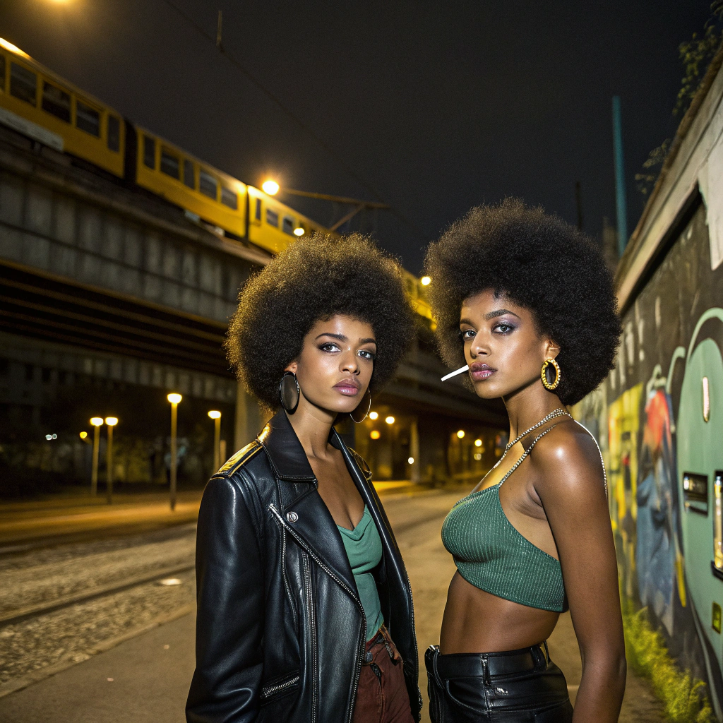 AI generated image by Red Panda AI: two twins of Creole origin with mixed and light skin. They have green eyes. They are in the street, in a very urban setting, like in a bad neighborhood. Behind her passes an overhead metro line. They are dressed like in the 2000s, they are also sexy. They look straight ahead. Green eyes. Afro hair. One is smoking a cigarette. Behind her there are street art works somewhere on a wall. It is night, there are two street lamps.
