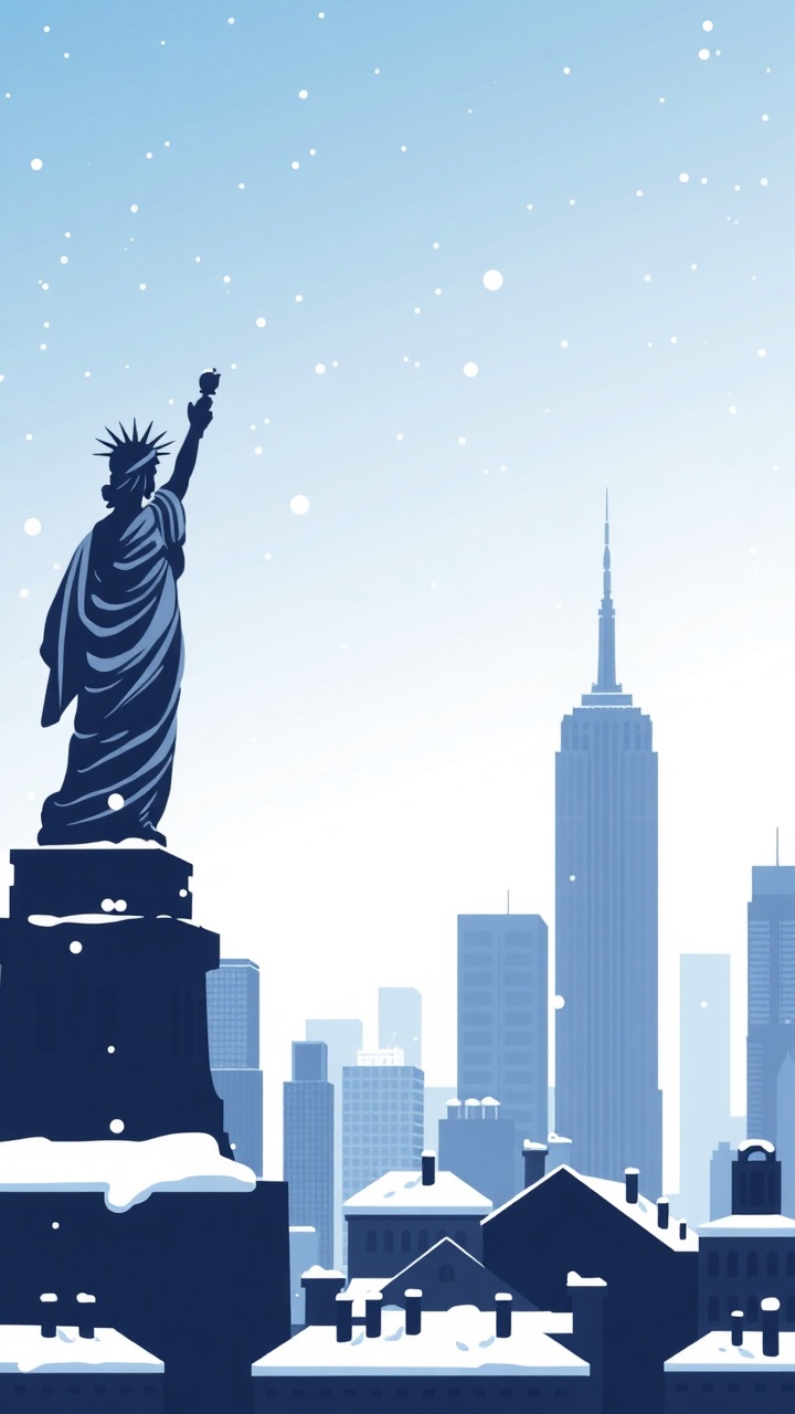 AI generated image by FLUX.1-schnell: A winter-themed vector illustration of New York skyline with the Statue of Liberty, Empire State Building, and snowy rooftops in silhouette, cool blue-to-white gradient sky, falling snow, flat minimal style, 9:16 aspect ratio.