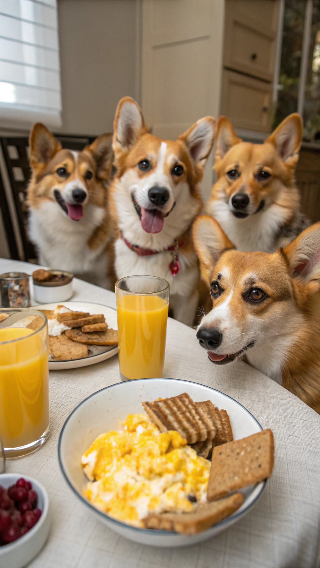 AI generated image by Red Panda AI: real life ultrawide angle extreme closeup video of a dog family of many corgis seated around a dining table eating breakfast with scrambled eggs, orange juice, cereal and toast