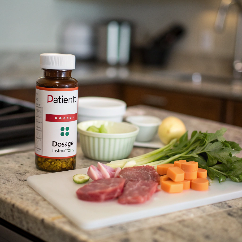 AI generated image by Red Panda AI: A kitchen countertop scene with a bottle of medicine showing the patient's name and dosage instructions. Next to the medicine, there are ingredients for cooking, such as vegetables and meat. The medicine label and food are clearly visible, with no background blur.