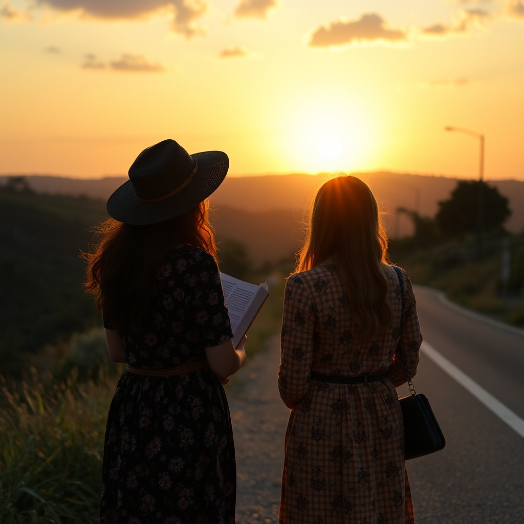 AI generated image by FLUX.1-schnell: Duas mulheres de vistido longe com um livro no braço andando ao longe em uma estrada em um por do sol. vista de tras