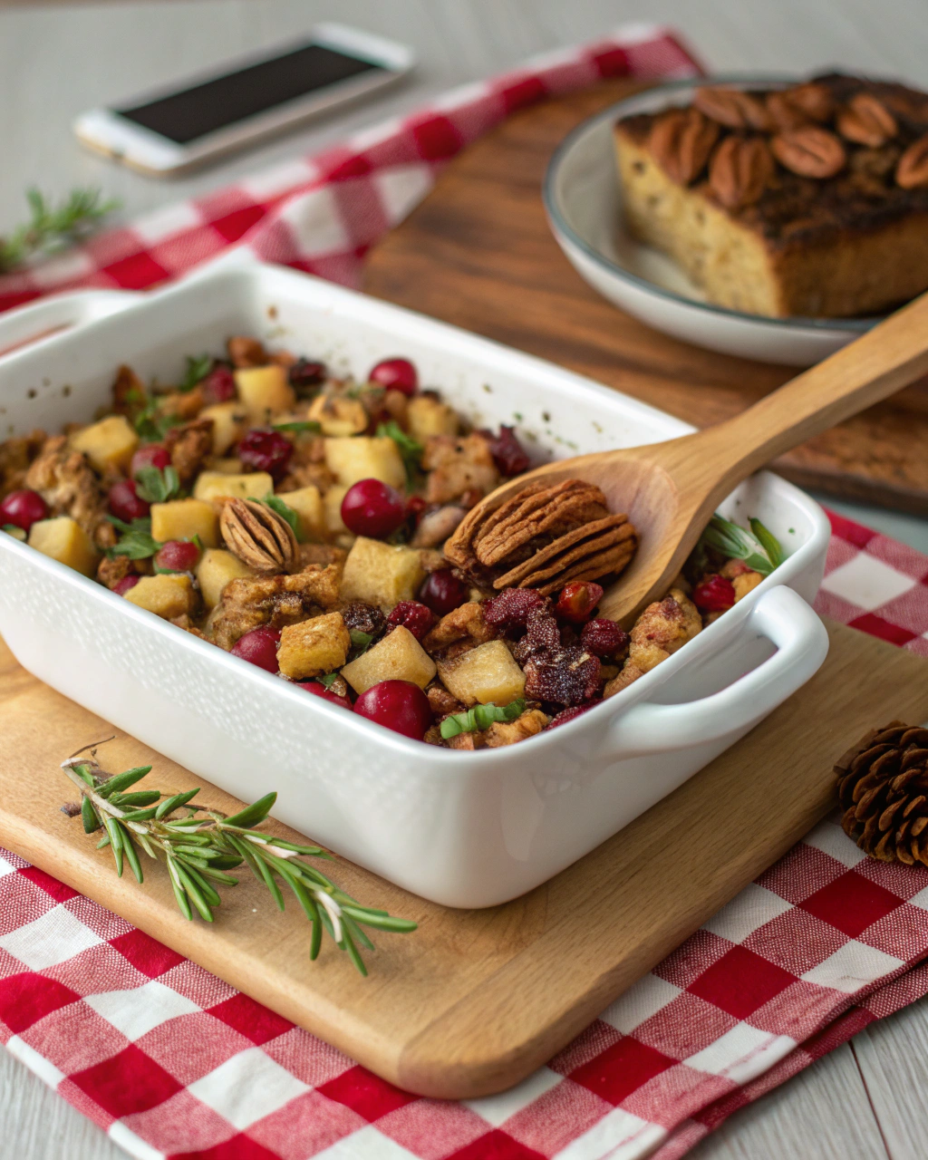 AI generated image by Red Panda AI: a white baking dish with Stove Top Stuffing Bake Casserole containing baked cranberries, fully cooked chopped apples, and chopped pecans on a wooden cutting board with a traditional red and white checkered tablecloth. A spoon is scooping out a serving of the casserole. Taken with an iphone 12.