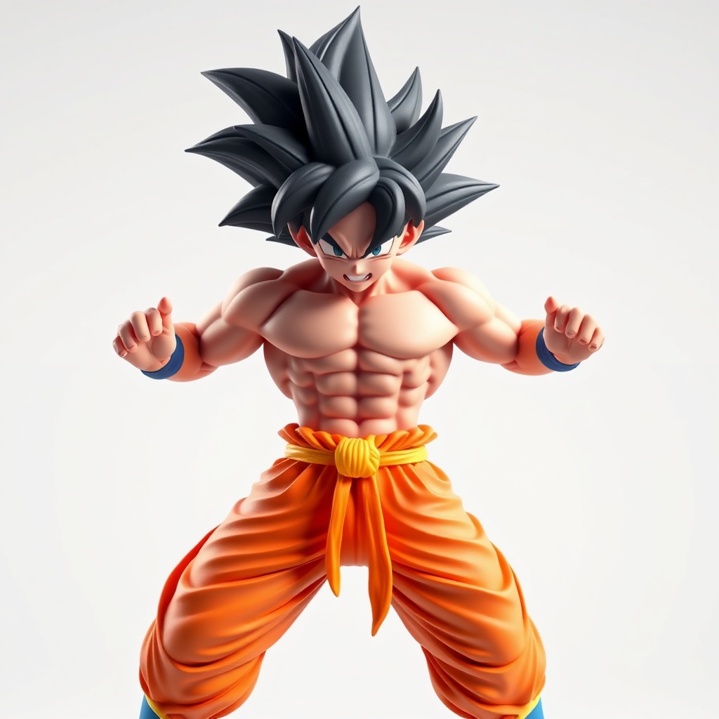 AI generated image by FLUX.1-schnell: goku of dragon ball , Full-body, front-facing muscular anime character, furious expression, spiky hair, heroic anatomy, artistic nude style with genital coverage via subtle energy aura, strong heroic stance, clean sculpt optimized for 3D printing, vibrant skin colors, plain white background, cinematic lighting, solid 3D-printable surfaces, simplified details, complete body, anime style, dynamic energy effects. no clothes