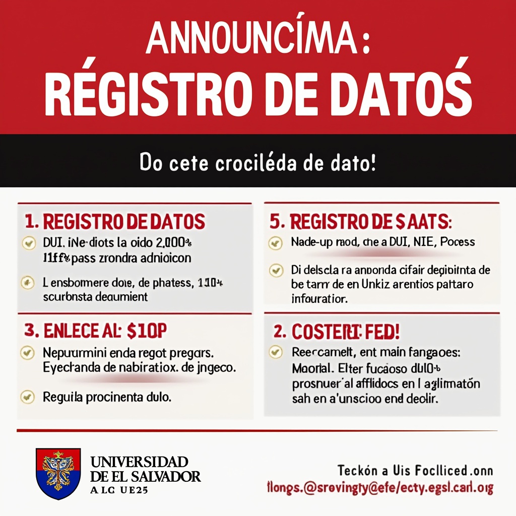 AI generated image by FLUX.1-pro: Anuncio sobre Registro de Datos
Descripción del diseño:
El anuncio destaca la importancia del registro de datos para el ingreso a la UES. Incluirá los documentos necesarios, enlace al portal y costo del proceso.
Prompt:
"Create a clear and professional newspaper ad in Spanish for the Universidad de El Salvador 2025 admission process. Focus on the first step: Registro de Datos. Use bold red and white colors, list the required documents (DUI, NIE, passport, photo), the registration fee ($10), and the link (https://eel.ues.edu.sv/ingreso). Add the university logo, clear headers, and concise text for easy understanding."