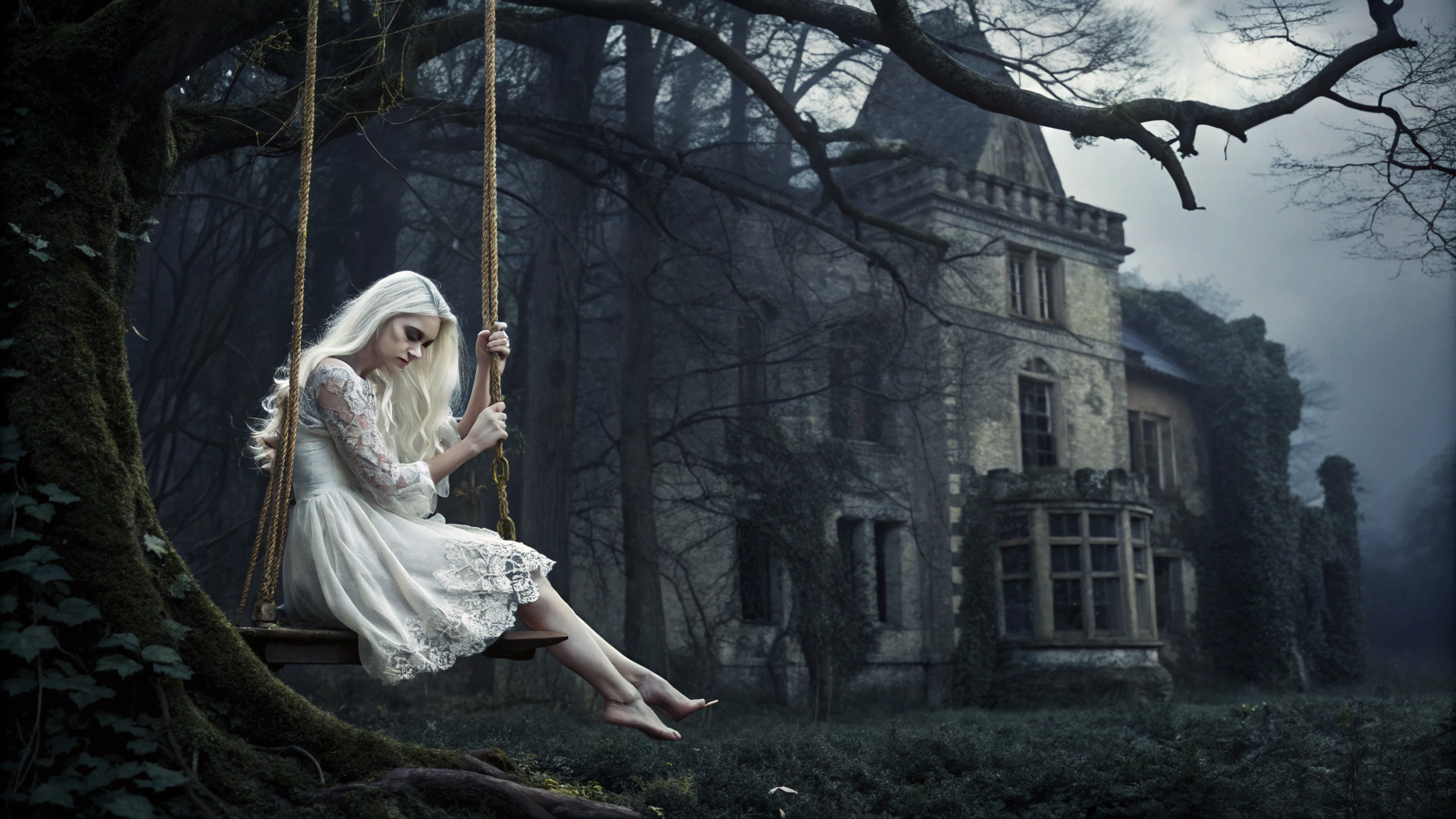 AI generated image by Red Panda AI: Image is a digital fantasy artwork featuring a mystical scene. The layout is centered around a young woman with long, flowing white hair sitting on a wooden swing in the overgrown, darkened garden of an ancient, abandoned mansion. The mansion's intricate stone walls, overgrown with vines and moss, loom in the background, with broken windows and cracked walls that seem to whisper secrets to the moon. She is wearing a delicate, tattered white dress with lace details, and her pale skin seems almost translucent in the faint moonlight. The moon, now a faint silver crescent, casts an eerie glow, illuminating the scene with an otherworldly, ominous light. Twisted, leafless trees, their branches like skeletal fingers, surround the subject, adding to the foreboding atmosphere. The color palette is predominantly dark, muted tones, with shades of indigo, grey, and black,Enhancing the haunting quality of the image.