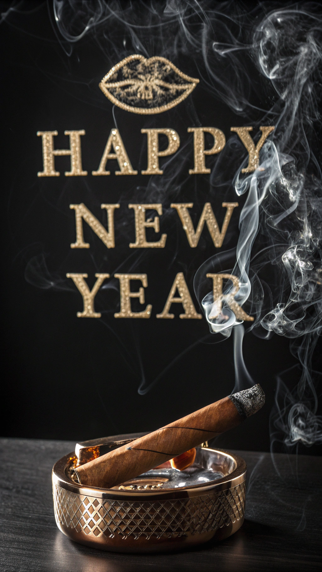AI generated image by Red Panda AI: Create an elegant and stylish image with a black background. In the foreground, place a lit cigar in a sophisticated holder. The smoke rising from the cigar should form the words 'Happy New Year' in a unique, ornate, and eye-catching font with intricate details, giving the text a dynamic and artistic feel. The smoke should twist and swirl, with the letters flowing and almost dissolving into the air. The image should evoke a sense of luxury, celebration, and mystery, with the focus on the cigar and the festive text created from the smoke.