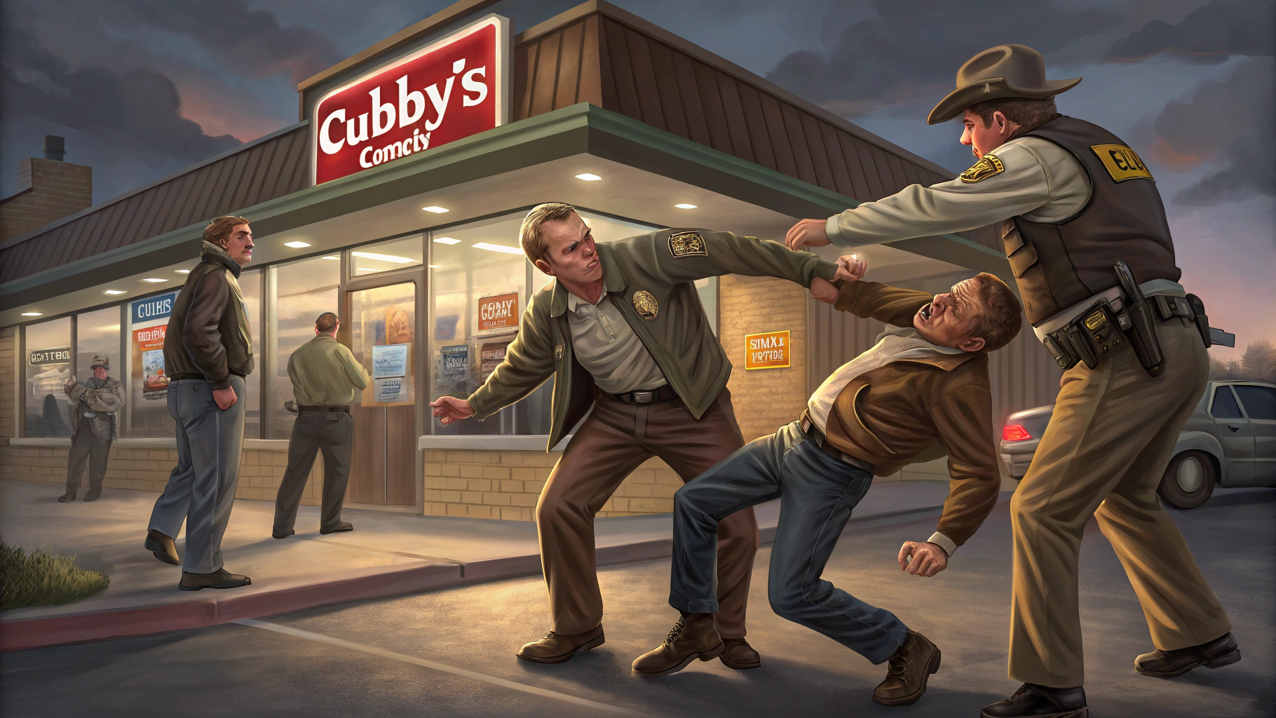 AI generated image by Red Panda AI: Drunk man fights with sheriffs outside a Cubby's Store in Washington County, Nebraska